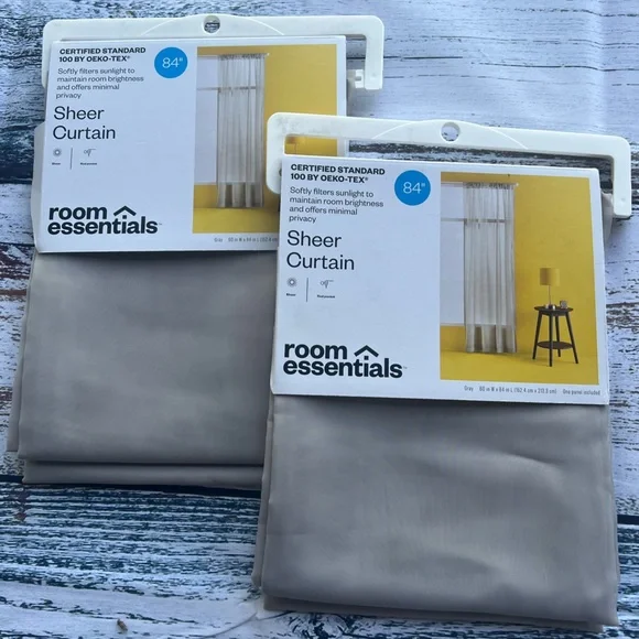 Set of 2 Room Essentials 84 inch Rod Pocket Sheer Curtain panels in Gray NEW - Picture 1 of 5